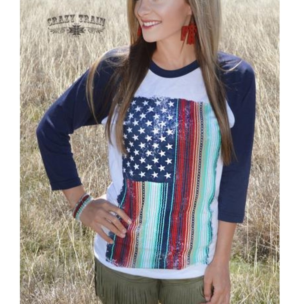 Crazy Train God's Country Baseball Serape Flag Tee - Picture 2 of 3